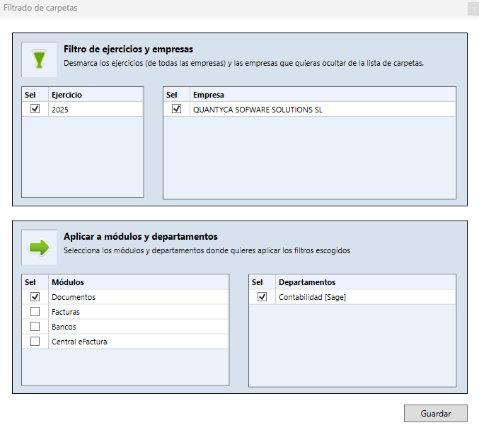 Filtro de empresas y ejercicios en Ubyquo