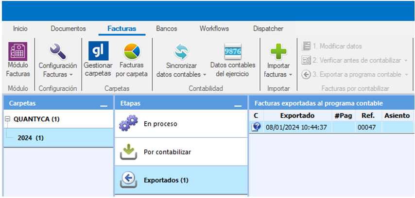 Invoice in the Exportados folder with the question mark icon