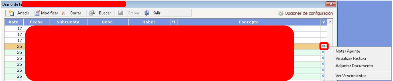 Q icon in the V column of the Glasof Journal and menu with the Visualizar factura option