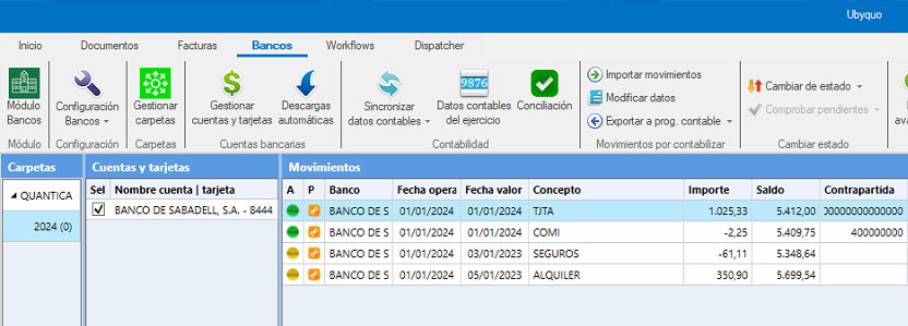 Listado de movimientos en el módulo Bancos de Ubyquo