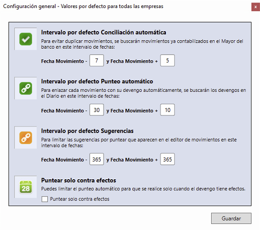 Intervalos por defecto del punteo automático en la configuración general